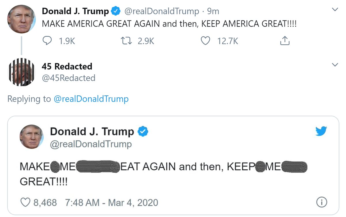 45Redacted's tweet image. #IMPOTUS #VoterSuppression #ImpeachedForLife #ToiletTrump #LaughingStock #Pelosi #MoscowMitch #StableGenius #Resign #Impeach #Corrupt #Contempt #BlueWave #Resist #Resistance #TheResistance #Indivisible #ImpeachTrump #FBR #Redacted #Politics #Humor #Funny #Satire #Parody #News