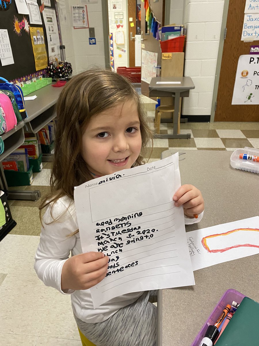 cwjackson404's tweet photo. This #kinderRanger was #bethedriver yesterday! She was home sick and came up with her own morning message and wrote it!! Way to go O!!! #oneRCE https://t.co/LcFN4c7zNj