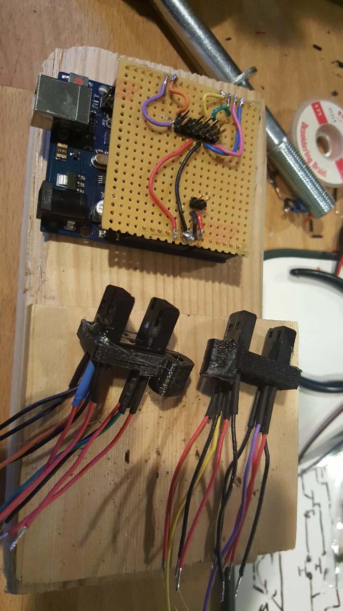 VoiceoversChris's tweet photo. Working on a test version of a set of arduino-based ir rotary encoders for the robot's wheels.
Thinking about using magnetic rotation sensors instead.
What do you think?
#workshopwednesday #letsmakerobots #aintnowalle https://t.co/uXNCwmku64
