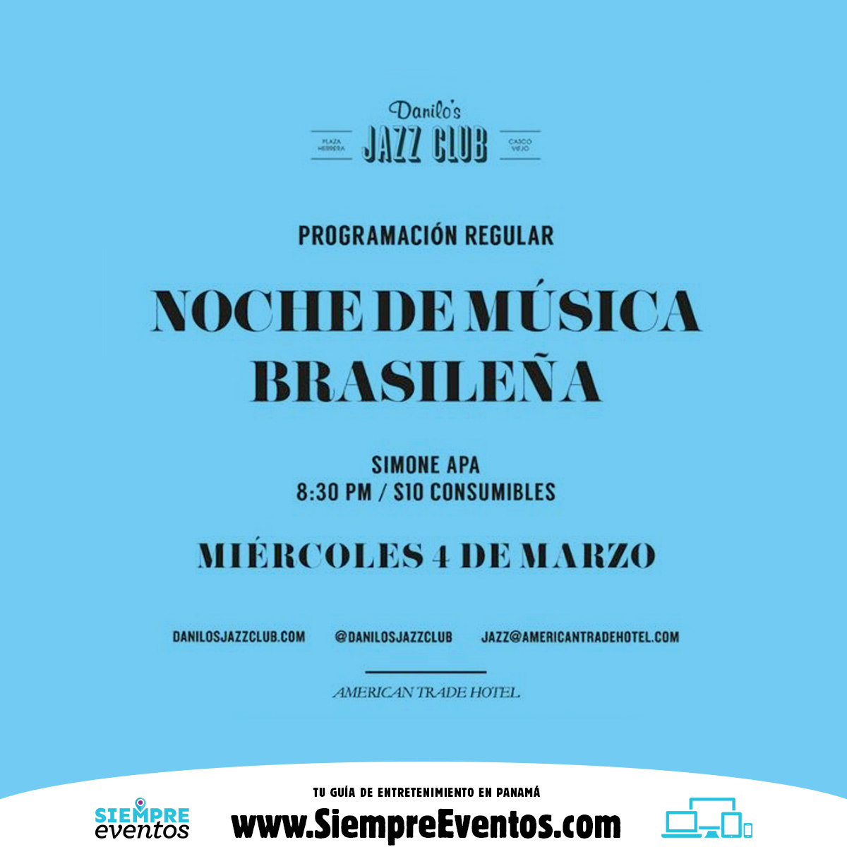Danilo´s Jazz Club, te invita a una “Noche de Música Brasileña”, el miércoles, 04 de marzo desde las 08:30pm, con la presentación en tarima de “Simone Apa”.
.
Más detalles en nuestra página web: siempreeventos.com/es
.
#panamá#agendapty#música#jazz#ritmo#brasileño#invitad