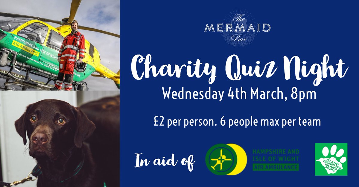 Don’t forget tonight is our Charity Quiz Night all in aid of <a href="/HIOWAA/">Hants & IOW Air Amb</a> and <a href="/AbilityDogs4YP/">Ability Dogs 4YP</a> 

Food will be available throughout the evening as well, we hope you can join us for some brain teasing fun! 🚁 🐶
