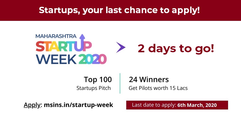 MSInSociety's tweet photo. Social Impact startups, grab this chance to create impact at scale with the Maharashtra Government!

Two days to go for the deadline! 

Apply now at https://t.co/ya7gmjXxUO. 

#socialimpact #startups #maharashtra #startupweek2020 #B2G @startupindia @agnii_goi https://t.co/3Bcbs4IAgP