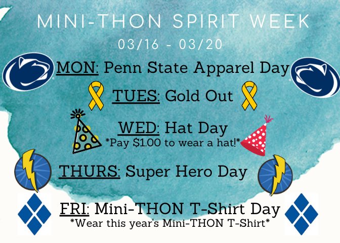 WHO IS READY FOR MINI-THON SPIRIT WEEK?!?! Screenshot this picture to remember!! Spirit Week starts on Monday, March 16th! Mini-THON Team points will be distributed, so dress up for a head start! #ftk #hhsthon20🎗💠