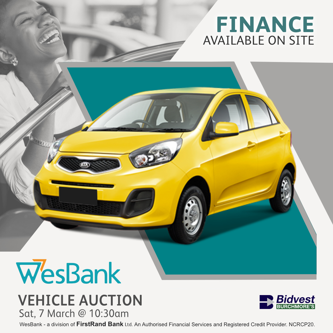 FINANCE AVAILABLE ON SITE! - JHB
WesBank vehicle auction
Sat, 7 Mar, 10:30am
More info: burchmores.co.za/auction/942
WhatsApp helpline: 067 036 1611 (text only)

Finance available on site!
Finance available:
Lee-Anne: 083 277 0178 or 
email: leeanne@auctionfinance.co.za