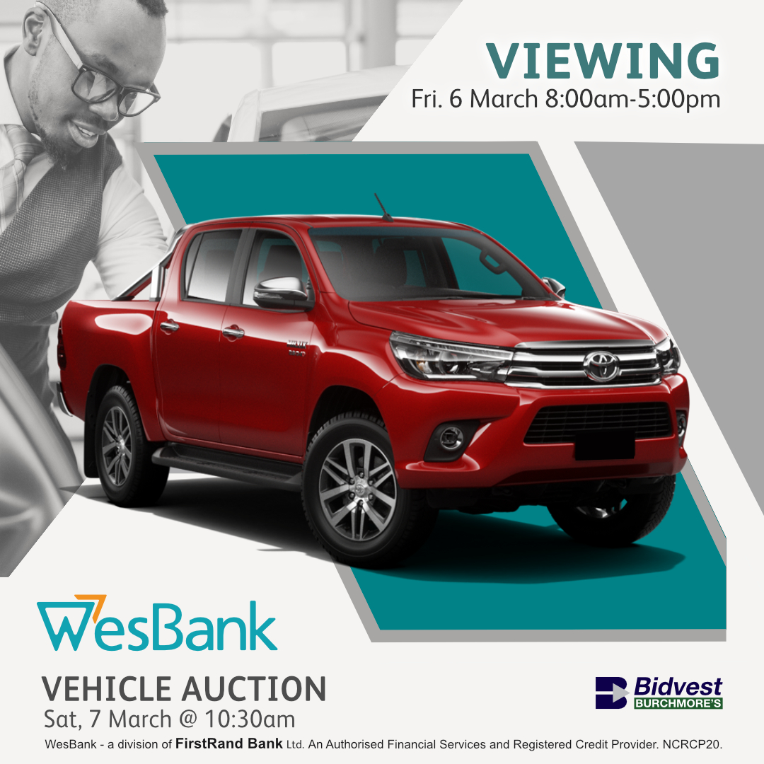 PRE-AUCTION VIEWING! - JHB
WesBank vehicle auction
Sat, 7 Mar, 10:30am
More info: burchmores.co.za/auction/942
WhatsApp helpline: 067 036 1611 (text only)

Finance available on site!
Finance available:
Lee-Anne: 083 277 0178 or 
email: leeanne@auctionfinance.co.za
