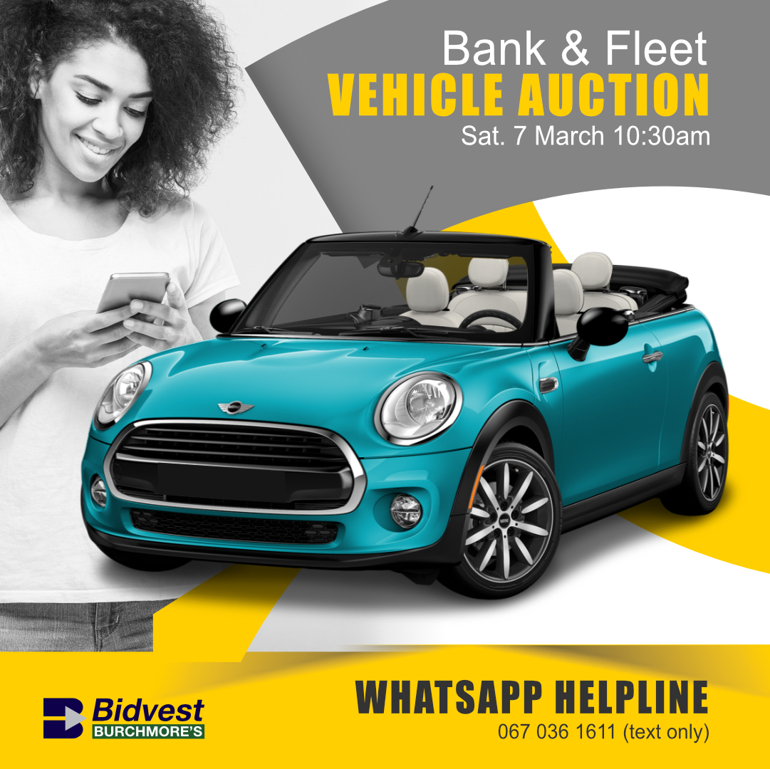 WHATSAPP US FOR MORE INFO! - DBN
Bank-repo and fleet vehicle auction
Sat, 7 Mar, 10:30am
More info: burchmores.co.za/auction/934
WhatsApp helpline: 067 036 1611 (text only)

Finance available on site!
Finance available:
Dineshni or Karishma on 031 263 1800