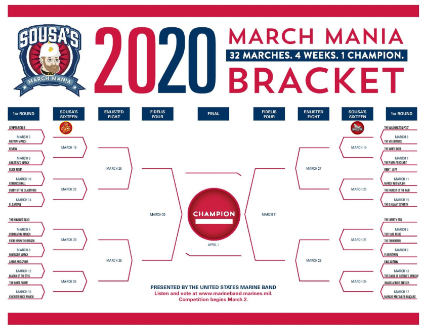 Today we #marchforth! <a href="/SGSchoolNews/">Spring Grove Area School District</a> students and teachers are participating in the annual Sousa March Mania Bracket Competition. Thanks to the <a href="/marineband/">Marine Band</a> for providing a fun and exciting way to introduce and experience great marches! Here is a look at our winners so far. #MIOSM