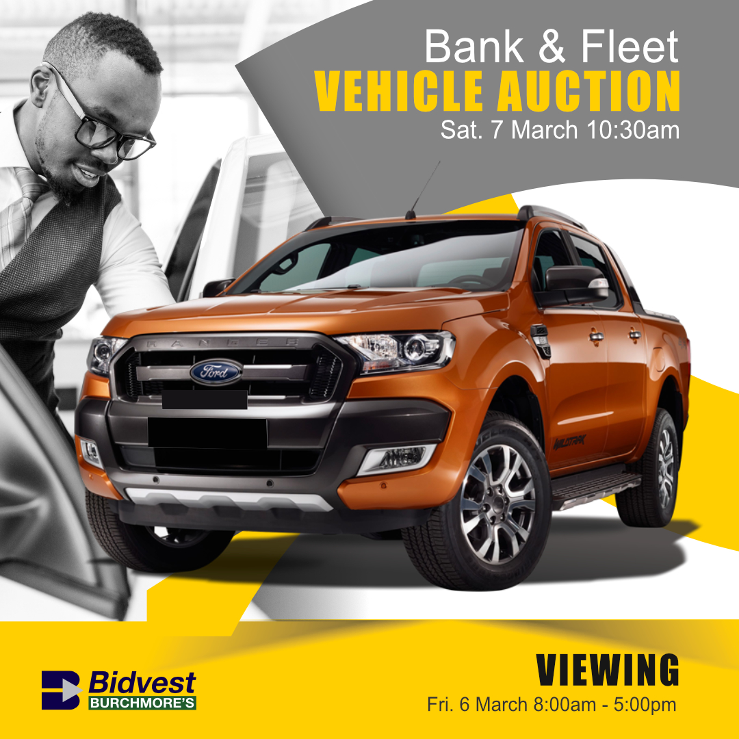 PRE-AUCTION VIEWING! - DBN
Bank-repo and fleet vehicle auction
Sat, 7 Mar, 10:30am
More info: burchmores.co.za/auction/934
WhatsApp helpline: 067 036 1611 (text only)

Finance available on site!
Finance available:
Dineshni or Karishma on 031 263 1800