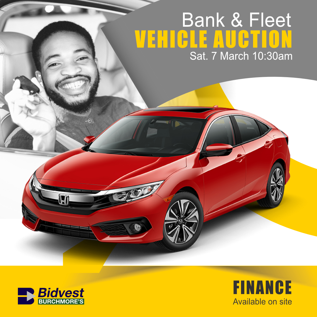 FINANCE AVAILABLE ON SITE! - DBN
Bank-repo and fleet vehicle auction
Sat, 7 Mar, 10:30am
More info: burchmores.co.za/auction/934
WhatsApp helpline: 067 036 1611 (text only)

Finance available on site!
Finance available:
Dineshni or Karishma on 031 263 1800