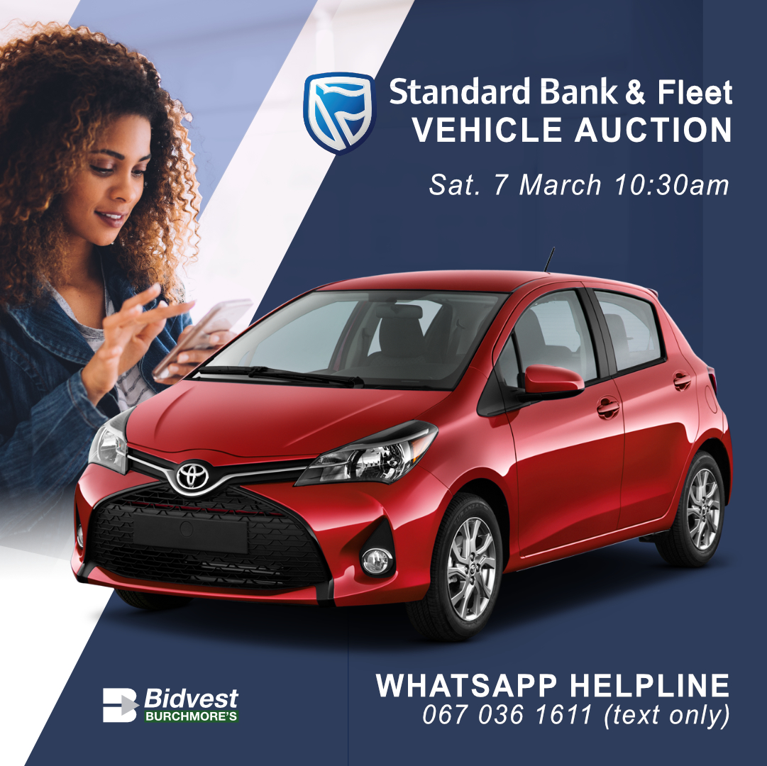 WHATSAPP US FOR MORE INFO! - CPT
Standard Bank vehicle auction
Sat, 7 Mar, 10:30am
More info: burchmores.co.za/auction/937
WhatsApp helpline: 067 036 1611 (text only)

Finance available on site!
Finance available:
Tamara on 078 842 3235 
or tamara@auctionfinance.co.za
