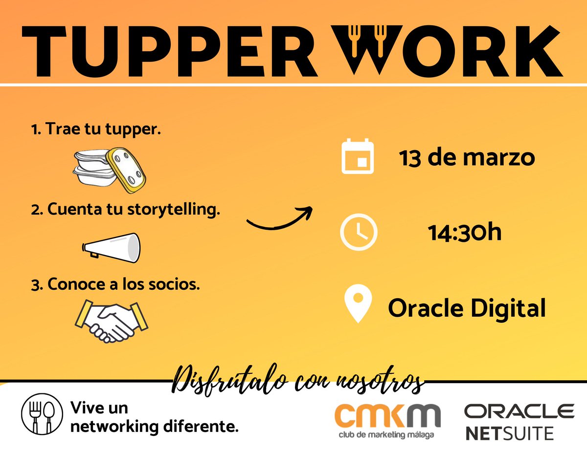 CmMalaga's tweet photo. 💥¿Queréis un #networking diferente y divertido?💥

🍽¡Bienvenidos a nuestro #Tupperwork!

📅 viernes, 13 de marzo
⏰ 14.30 horas
📍   Sede de @oracle_es Málaga.

Si necesitas más información, pincha en el enlace o escríbenos: https://t.co/3iSyLebYtk

#networkingmalaga #negocios https://t.co/rcUKZvv7eH