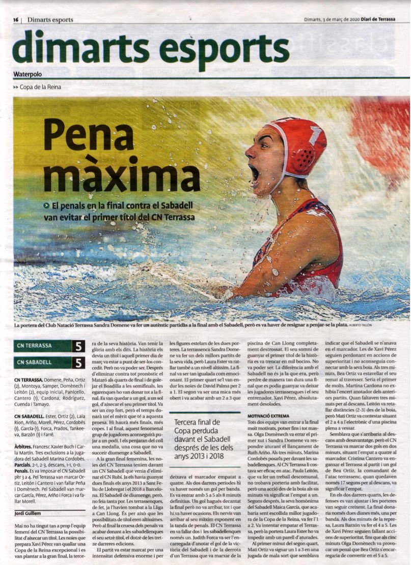 wpterrassa's tweet photo. Aquí tenim el recull de notícies de l’Absolut Femení al @DiarideTerrassa de la Copa de la Reina de waterpolo!! 

#waterpolo
#Terrassa
#MareaRoja⚪️🔴 

@mrw_es
@mrw_terrassa
@infisport 
@coverprotec 
@netegescoral
@VYCindustrial
@Dissenysport https://t.co/MiXdGUaM9p