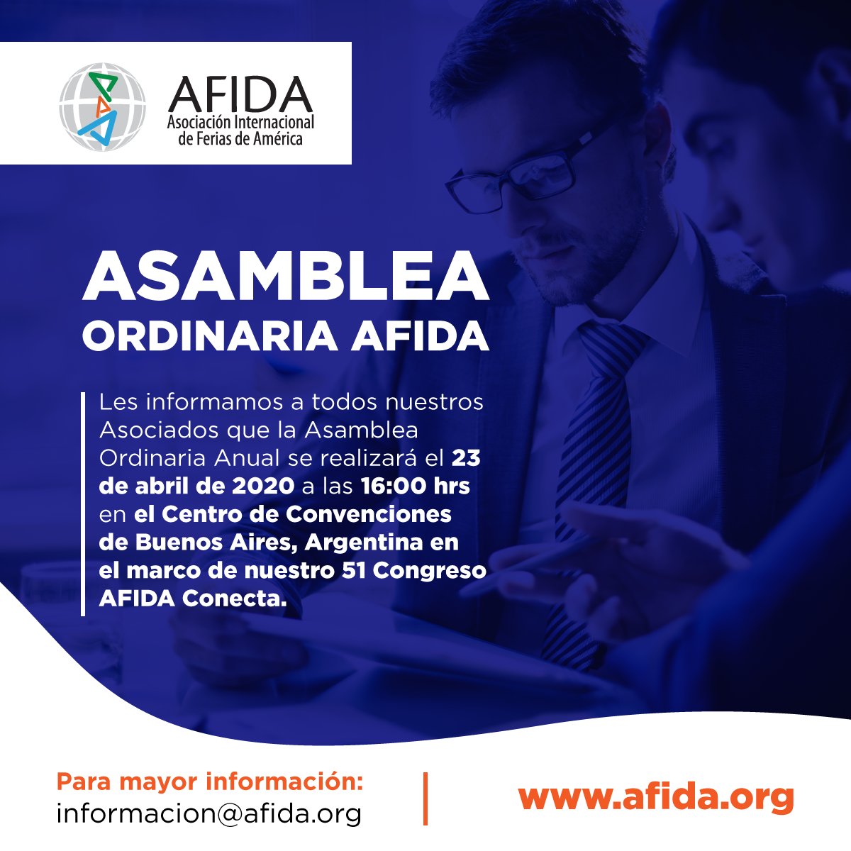 AFIDALatinAmeri's tweet image. Les informamos a nuestros Asociados que la Asamblea Ordinaria Anual de AFIDA se llevará a cabo el 23 de abril de 2020 en el Centro de Convenciones de Buenos Aires, Argentina, en el marco de nuestro congreso AFIDA Conecta.

#AFIDA #AFIDAConecta