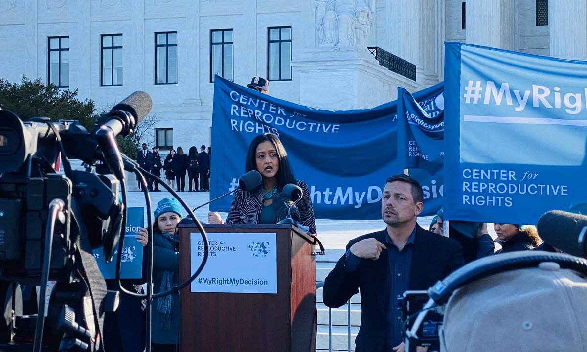 Vanita Gupta speaks at a rally outside the US Supreme Court.