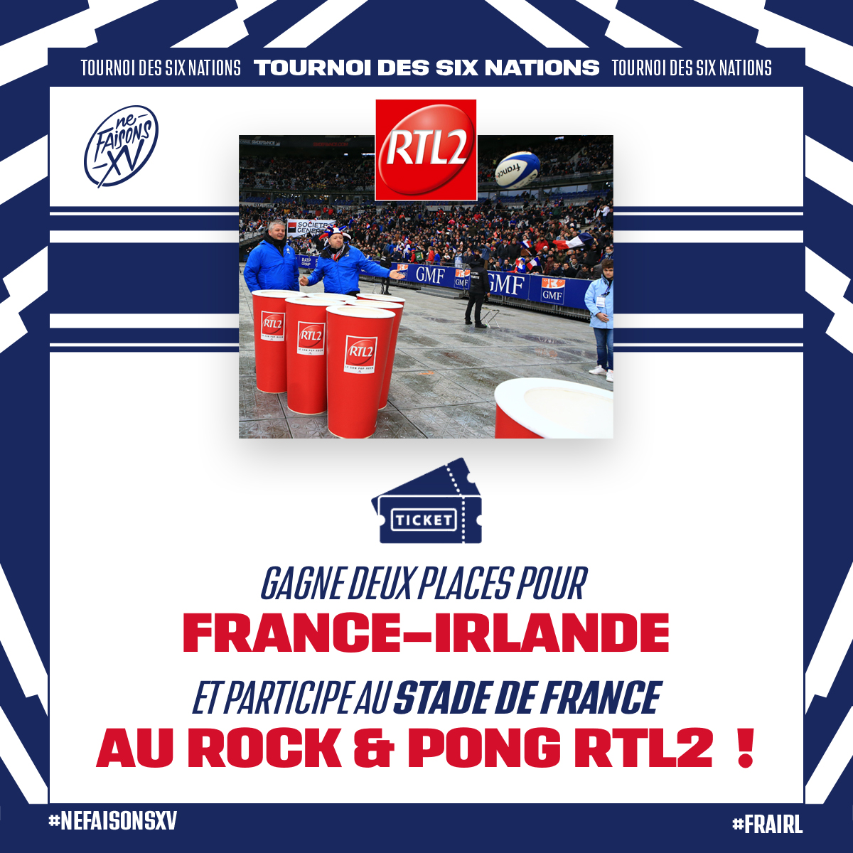 🚨 Gagne 2 places pour France - Irlande et viens affronter la Team <a href="/RTL2officiel/">RTL2 🎸</a> au <a href="/StadeFrance/">Stade de France</a> pour un Rock &amp; Pong Géant !

✨RT + Follow <a href="/RTL2officiel/">RTL2 🎸</a> et <a href="/FranceRugby/">France Rugby</a> pour participer !

#NeFaisonsXV #FRAIRL