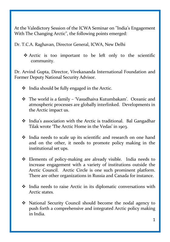 ICWA_NewDelhi's tweet photo. At the Valedictory Session of the ICWA Seminar on "India’s Engagement With The Changing Arctic", #ORGrimsson, @_Arctic_Circle, @ICWA_NewDelhi, @vifindia, @_Dagfinnur, the following points emerged: https://t.co/TDgTScr5PW