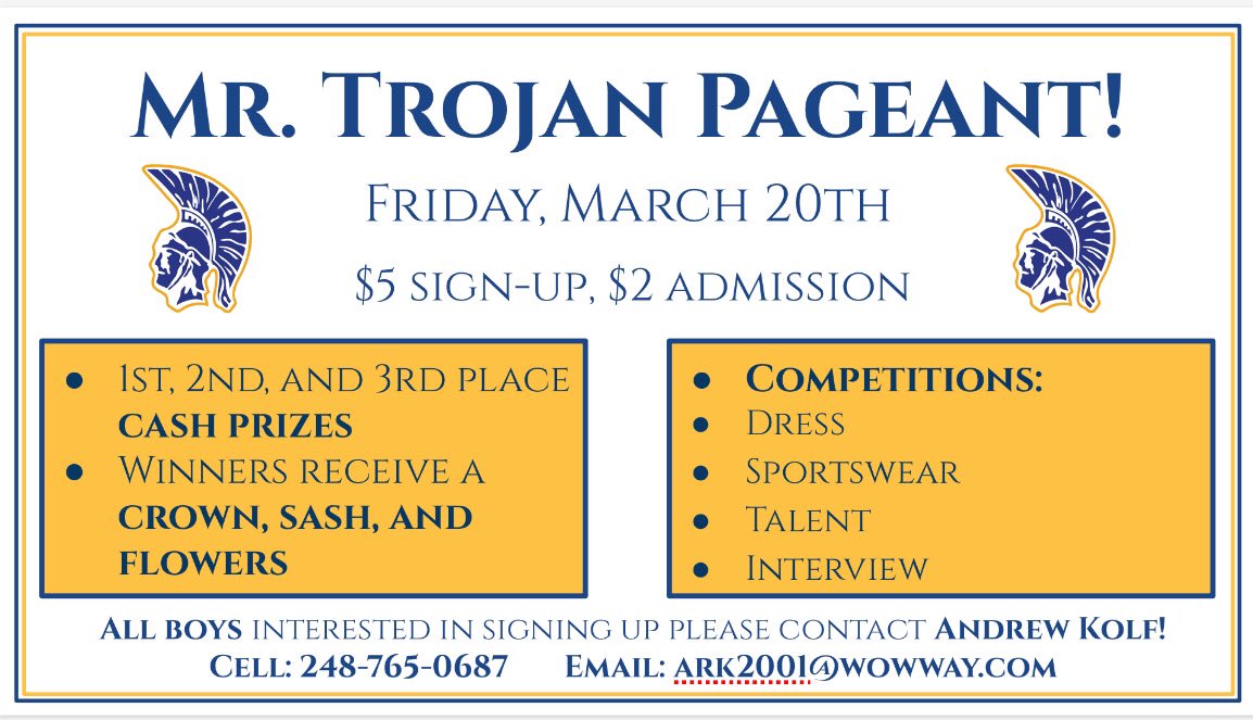 ClawsonNhs's tweet photo. Deadline to sign up for Mr. Trojan is this Friday, March 6th! https://t.co/aefKFEH6nH