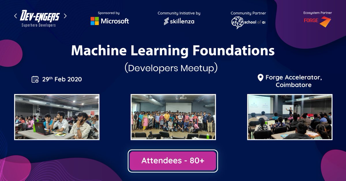 skillenza's tweet photo. 𝗖𝗼𝗶𝗺𝗯𝗮𝘁𝗼𝗿𝗲, many thanks🤝 to you 👨‍💻👩‍💻 for the astounding turnout!🚀
Hope you had a great time at #Devengers #Meetup. 🗣️👥

Special thanks to:
@MicrosoftIndia
@SchoolOfAIOffic
@FORGE_FORCE

Thanks to our speakers for enlighting the meetup with knowledge.

#WeAreDevengers https://t.co/VqGAocMnsM