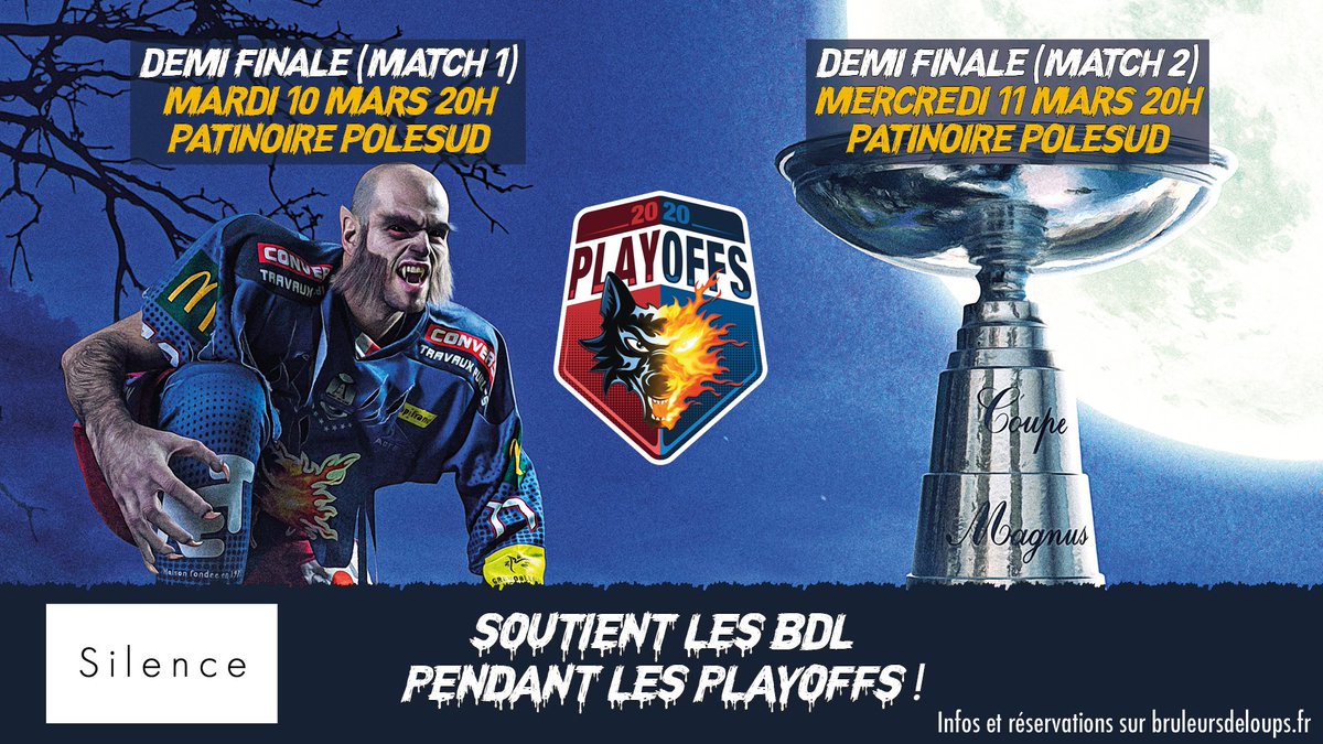 ils sont en 1/2 finales....
Silence, partenaire des <a href="/bruleursdeloups/">Brûleurs De Loups</a> vous encourage à venir les soutenir lors de deux premiers matchs des 1/2 finales des Playsoffs  le mardi 10 et mercredi 11 mars à 20h à la patinoire Pôle Sud.
GO GO GO 😜 💪 👏 👏
Champions de France 2020 ????