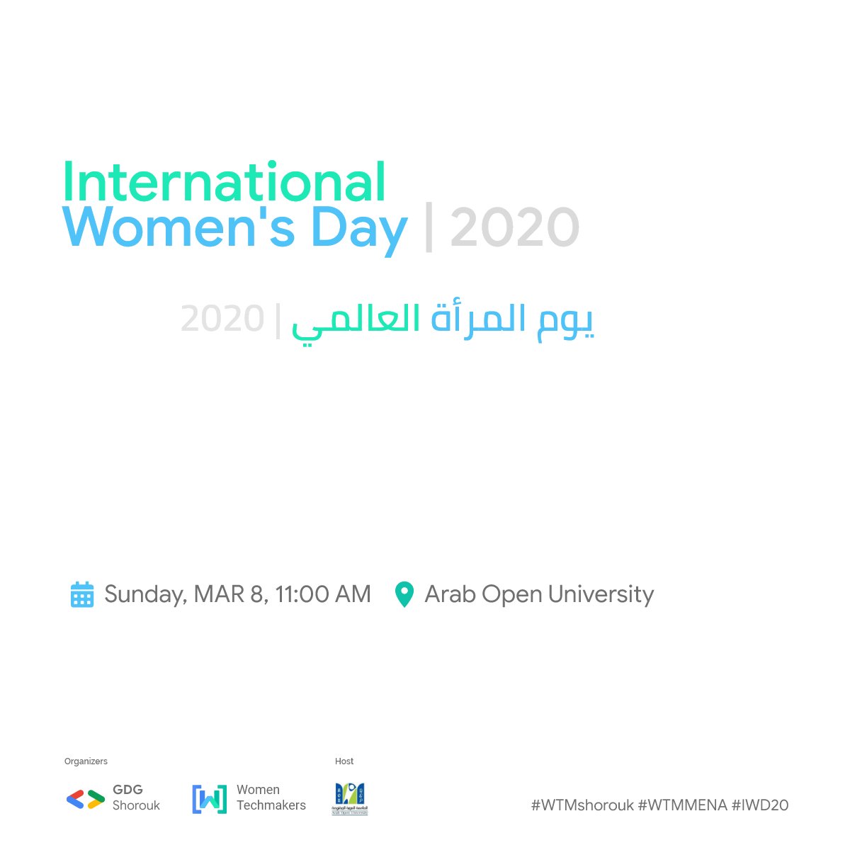 WTMShorouk's tweet photo. في إطار إحتفالنا باليوم العالمي للمرأة هذا العام، نقوم بعدة جولات. نبدأها بزيارة للجامعة العربية المفتوحة يوم الأحد القادم.
سنقوم بتغطية الموضوعات التالية. 

لتفاصيل أكثر: https://t.co/z8wdsjkfkq

@WomenTechmakers #WTM #WTMMENA #IWD20 https://t.co/c2qOxGJgTx