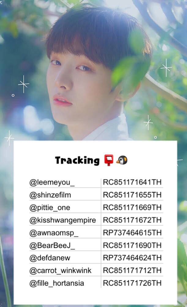 28290825day's tweet photo. 📮 Tracking (รอบ Free Pass) 📮
@leemeyou_
@shinzefilm
@pittie_one
@kisshwangempire
@awnaomsp_
@BearBeeJ_
@defdanew
@carrot_winkwink
@fille_hortansia
💫 แชร์รูป giveaway ผ่านแท็ก #0308Project ได้นะคะ 😊 https://t.co/Cdr1PniZay