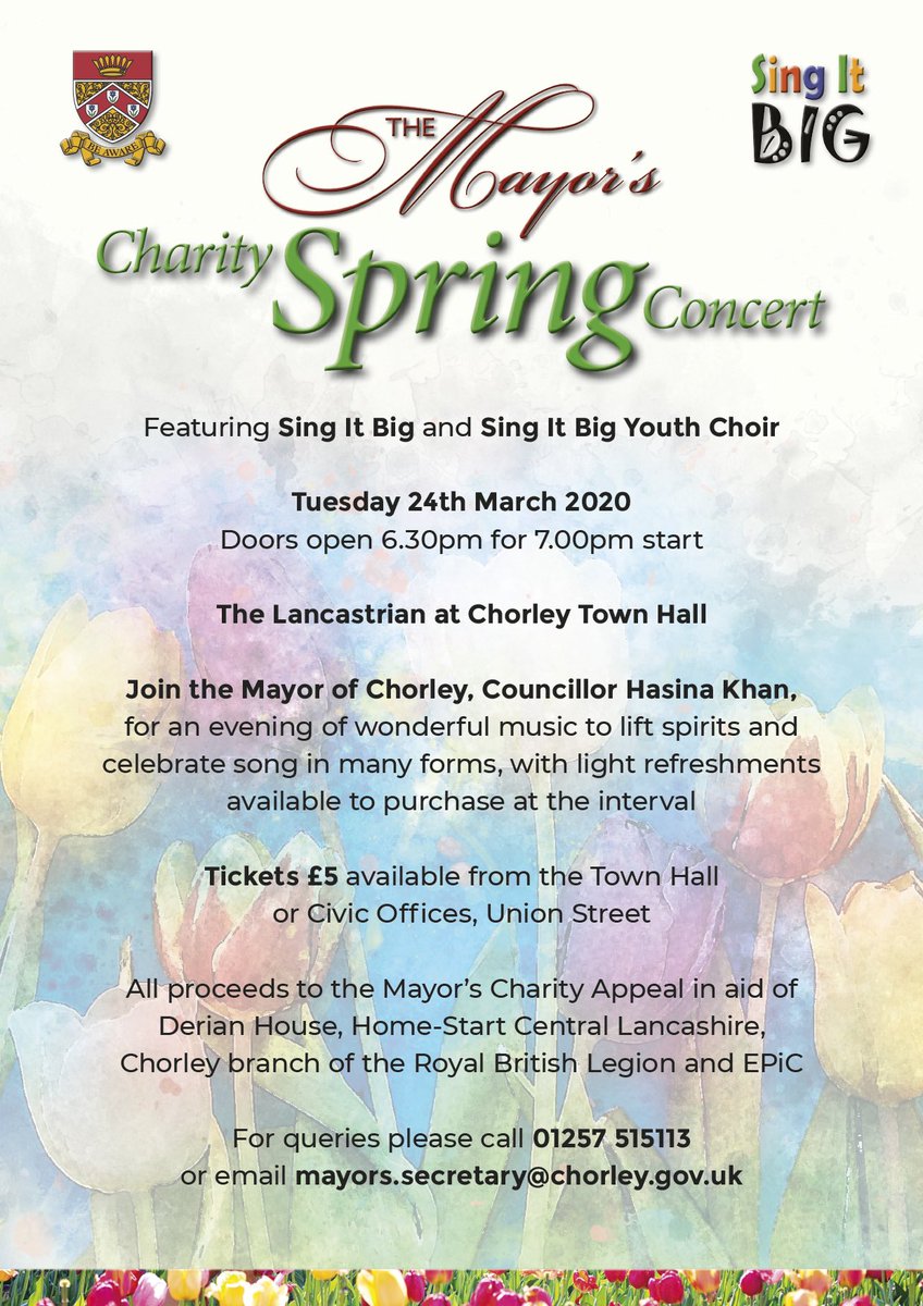 HSCentralLancs's tweet photo. The Mayor’s Charity Spring Concert!

Tuesday 24th March. Tickets are £5 and can be bought at Chorley Town Hall or Civic Centre. https://t.co/gpnmIECMhx
