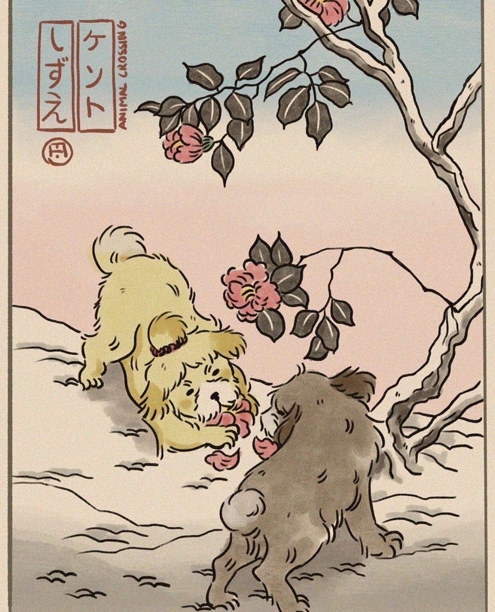 Baronduki's tweet photo. Animal Crossing in Ukiyo-e style. https://t.co/pAILnC4X1k