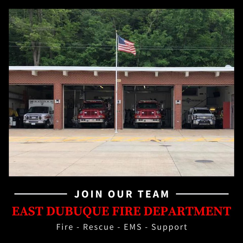JoinFireService's tweet photo. The East Dubuque FD is looking for community members to join their team as firefighters, EMTs, or in non-emergency roles. No experience necessary and training provided.

Learn more about joining this fire department and others by visiting: https://t.co/9R36Kh9sEi

@edbqfire https://t.co/ykuErJt3hy