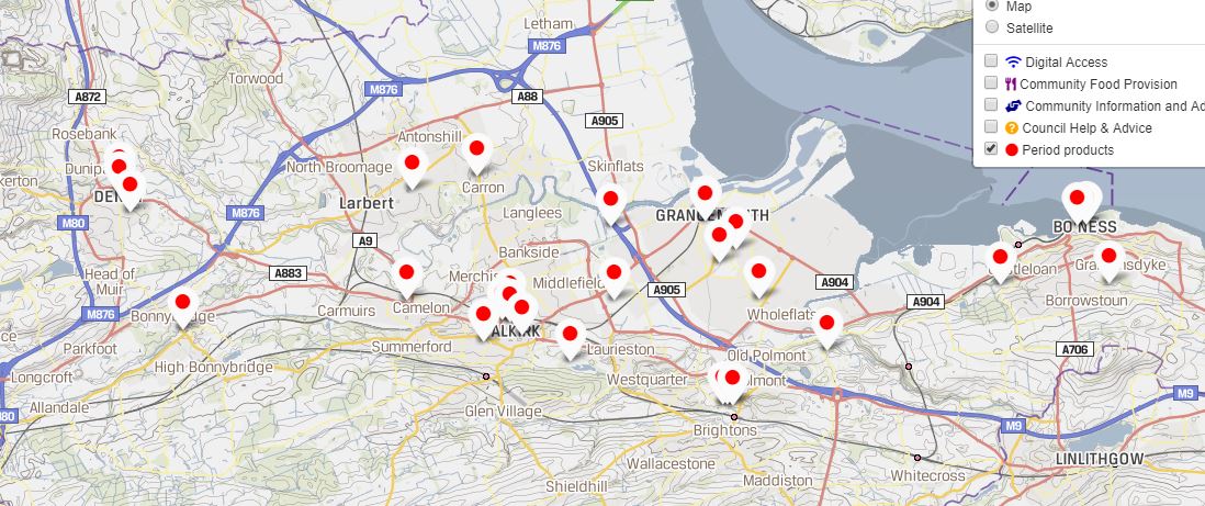falkirkcouncil's tweet photo. Free sanitary products are available in a whole range of different locations across the area – find out where by using our online map #talkperiods https://t.co/lzkD2urnyb https://t.co/RoWKeGUJ1B