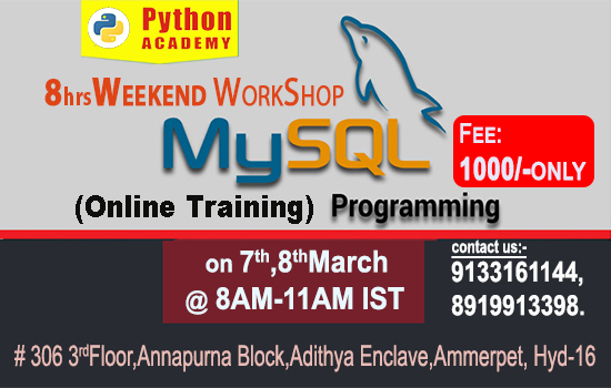 pythonacademyco's tweet image. Hi All Greetings From PythonAcademy,
Topic:MySQL by Realtime Expert.
When: Mar 7 & 8th 2020 08AM-11AM IST @ 1000/-only.
Register link: bit.ly/2Tn6rQP
#mysql #mysqlonlinetraining #mysqlcourse #education #learning #onlinetraining #students #onlinecourse #online