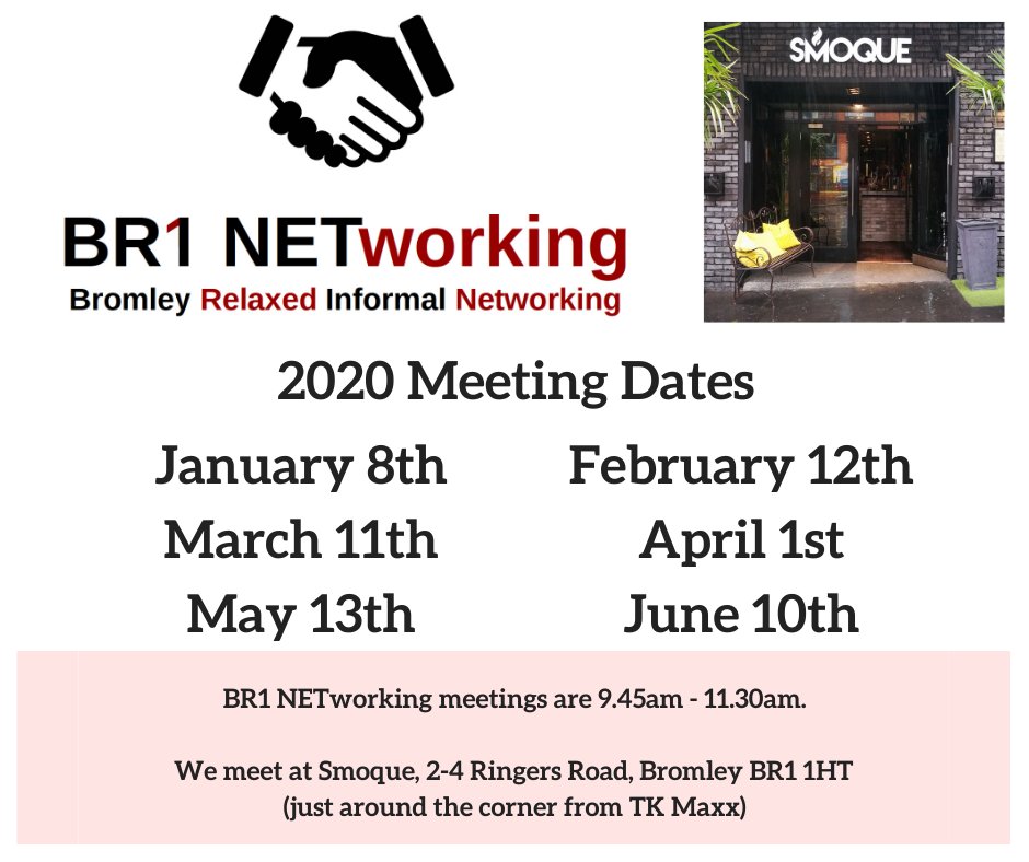 BR1NETworking's tweet image. IT'S NEXT WEEK!!!

Join us for relaxed #networking at @SmoqueBromley on Weds 11th March at 9.45am in #Bromley. No fees, just buy a coffee &amp;amp; join us. For more info/venue details join our FB group bit.ly/2nuDZyc

Here's the upcoming 2020 networking dates for your diary!