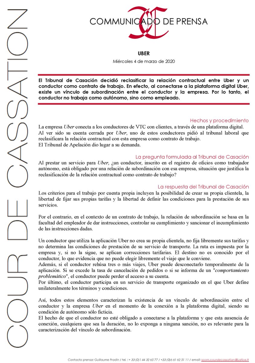 Courdecassation's tweet photo. 🇪🇸 [Communicado de prensa] El Tribunal de Casación decidió reclasificar la relación contractual entre #Uber y un conductor como contrato de trabajo : https://t.co/9bo5cuMUwy https://t.co/6iSfTfAj8R