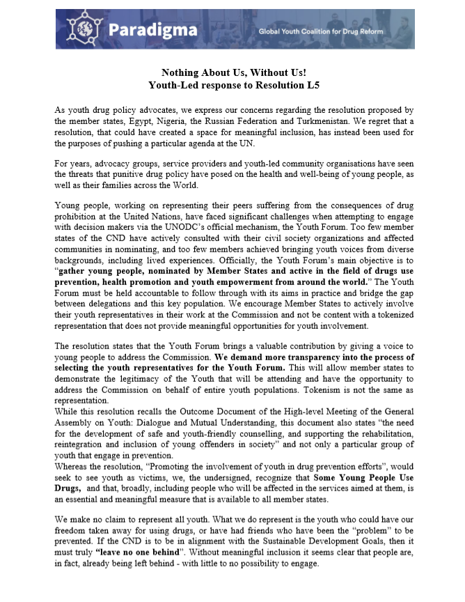 par4digma's tweet photo. Nothing About Us, Without Us! Youth-Led response to Resolution L5. As youth drug policy advocates, we express our concerns regarding the resolution regarding youth involvement in drug prevention. https://t.co/UCPP2BetXh