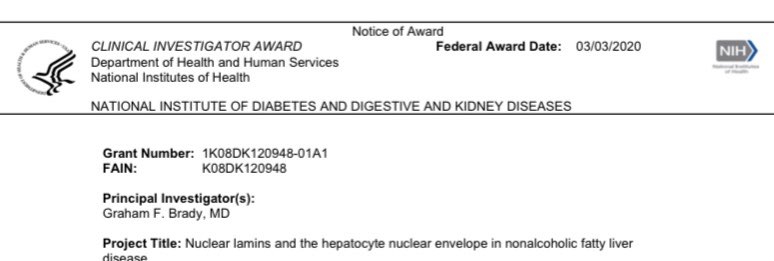 Graham Brady (@brady_gf) on Twitter photo Excited to share that my K08 focused on the nuclear envelope and #NAFLD has been funded by <a href="/NIDDKgov/">NIDDK</a>! So grateful to all my mentors at <a href="/UMichGIHep/">UMichGIHep-Fellowship</a> and beyond (Drs. Omary, Lok, Owyang, and more). And thank you to <a href="/liverUSA/">American Liver Foundation National</a> for supporting my research over the last 2.5 years. Excited to share that my K08 focused on the nuclear envelope and #NAFLD has been funded by <a href="/NIDDKgov/">NIDDK</a>! So grateful to all my mentors at <a href="/UMichGIHep/">UMichGIHep-Fellowship</a> and beyond (Drs. Omary, Lok, Owyang, and more). And thank you to <a href="/liverUSA/">American Liver Foundation National</a> for supporting my research over the last 2.5 years.