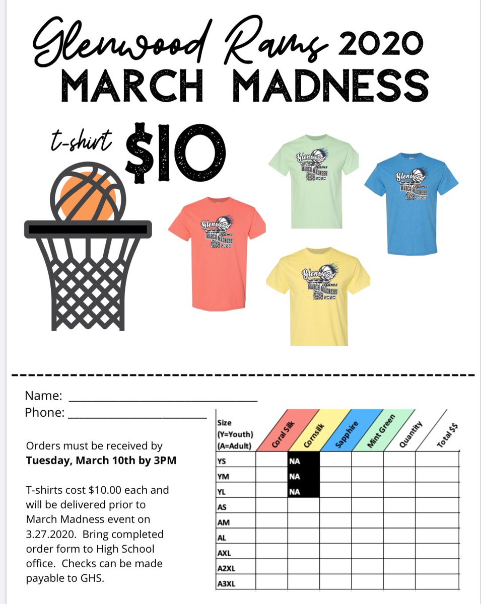 We’re getting ready to spring into March Madness!  You won’t want to miss this event on March 27th!  T-shirt order forms available at high school today.