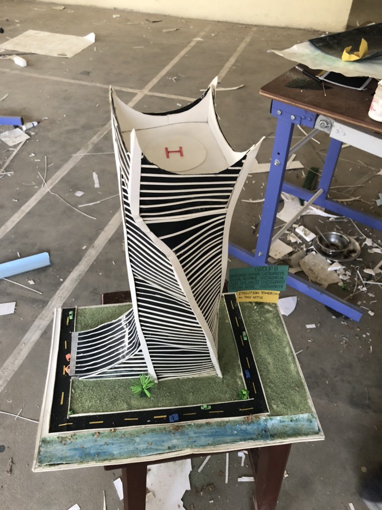 Thesanemaniac_'s tweet photo. With this last project our first semester comes to an end. This project and the struggle we faced while twisting the tower will always be on my mind. Haha, twisted life and a tower. Well, kudos to our team!❤️ Did it anyway!!!!!!!! #Evolutiontower https://t.co/KJ6t7crbuJ