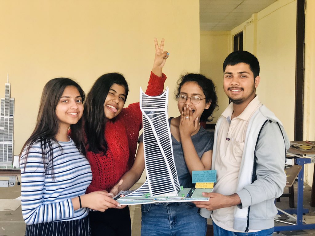 Thesanemaniac_'s tweet photo. With this last project our first semester comes to an end. This project and the struggle we faced while twisting the tower will always be on my mind. Haha, twisted life and a tower. Well, kudos to our team!❤️ Did it anyway!!!!!!!! #Evolutiontower https://t.co/KJ6t7crbuJ