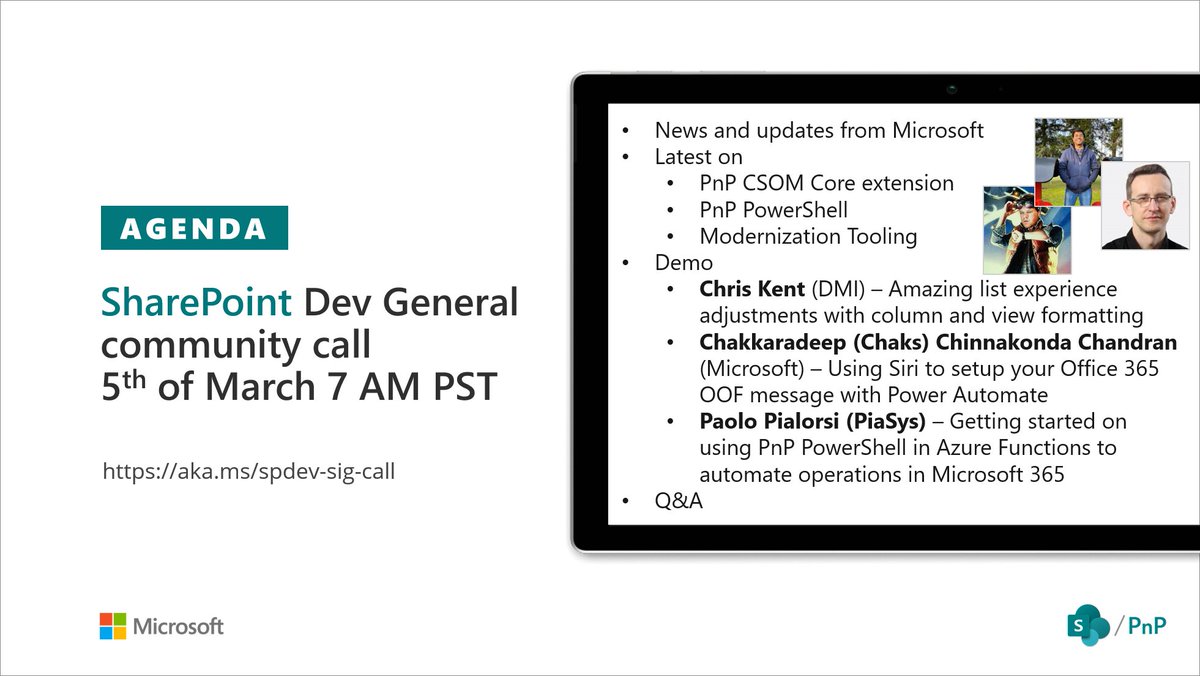 SharePoint's tweet image. Agenda for the #SharePoint community call on 5th of March. Updates on the open-source projects and demos by @thechriskent, @chakkaradeep and @PaoloPia on list experiences, #PowerAutomate and #AzureFunction usage. Invite - aka.ms/spdev-sig-call #Microsoft365dev #Office365dev