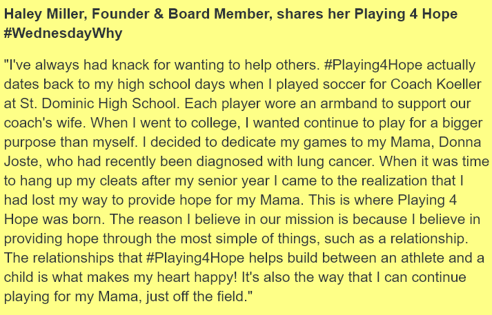 Playing4Hope's tweet photo. Haley Miller, Founder & Board Member, shares her #Playing4Hope #WednesdayWhy https://t.co/l7oXIDVZTG