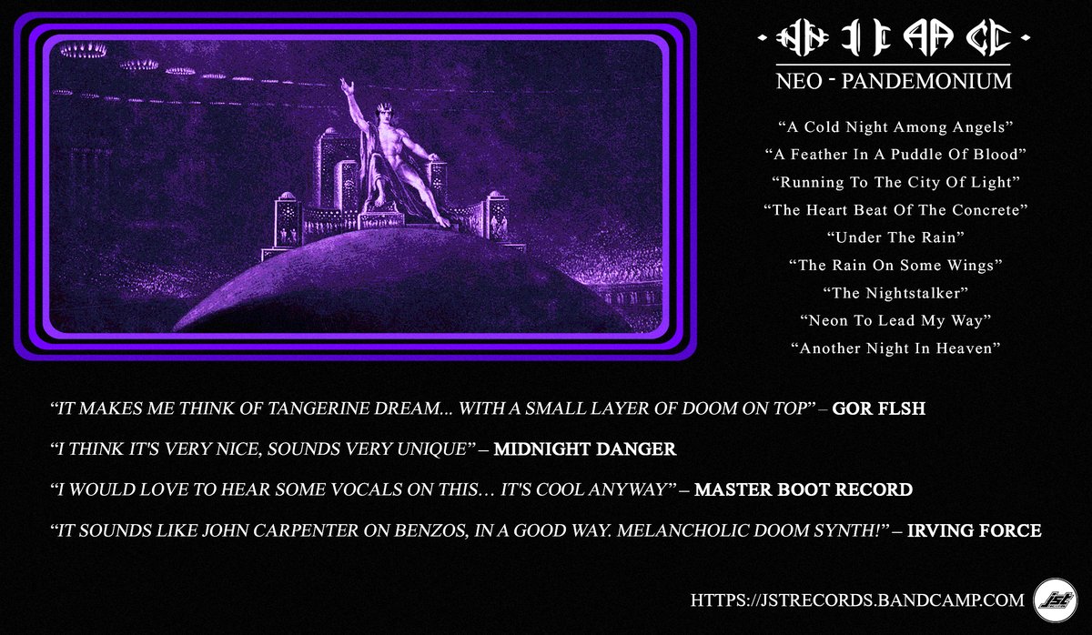 Pre-orders for #NIAC's debut LP "Neo-Pandemonium" (out March 16th) are now open on #bandcamp and here's what some artists you might have heard of had to say about it...

Preview/Preorder jstrecords.bandcamp.com/album/neo-pand…

#horrorsynth #darksynth #retro #synthmetal #doom #metal #horror #JST