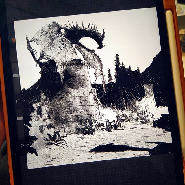 Eleacla's tweet photo. No está terminado pero me hacía ilusión subirlo ya!! Skyrim siempre en mi corazón haha ( incluidos mi marido e hijos adoptivos) 
#illustration #blackandwhite #procreate #digitalart #artoninstagram #fanart #landscape #paisaje #dragon #fantasy #skyrim #gamer #tower #linework #… https://t.co/z89SZwynV9