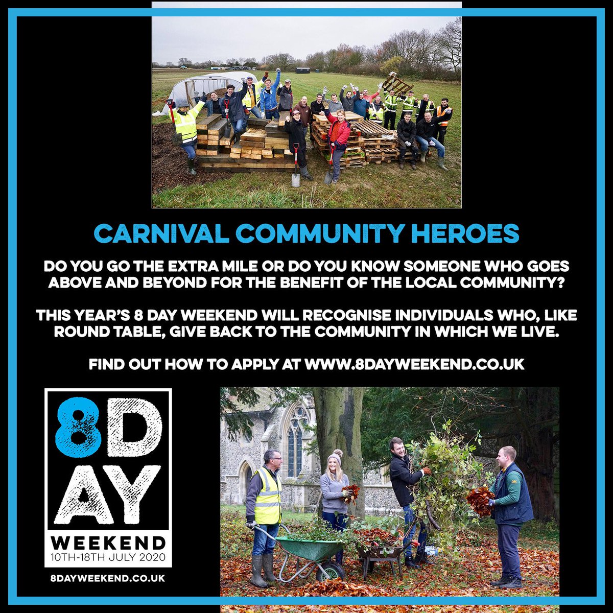 8dayweekend's tweet photo. Do you go the extra mile or do you know someone who goes above and beyond for the benefit of the local community?

https://t.co/CWhVbhXCmy

#8DW #8DayWeekend #RoundTable #Carnival #SaffronWalden #CarnivalCommunityHeroes #Community #DoMore #10thto18thJuly2020 #Volunteer https://t.co/T437HuAHU3