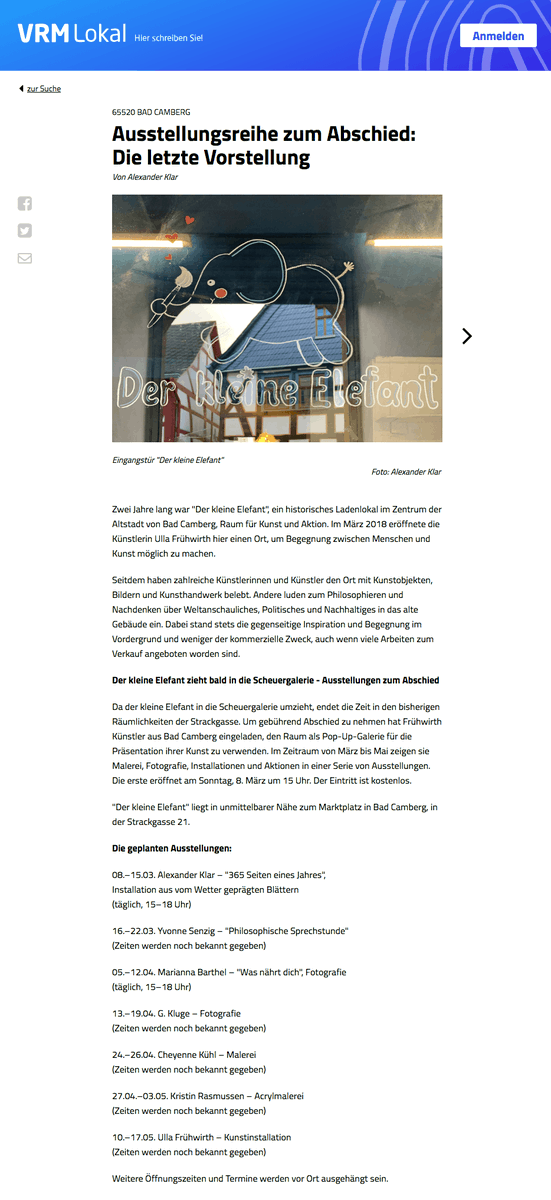 alexanderklar's tweet photo. Die Ausstellungsreihe zum Abschied des Ladenlokals „Der kleine Elefant“ in Bad Camberg beginnt am Sonntag, 8. März um 15 Uhr. https://t.co/Sh2snsAvSF https://t.co/UduJYTyXhA