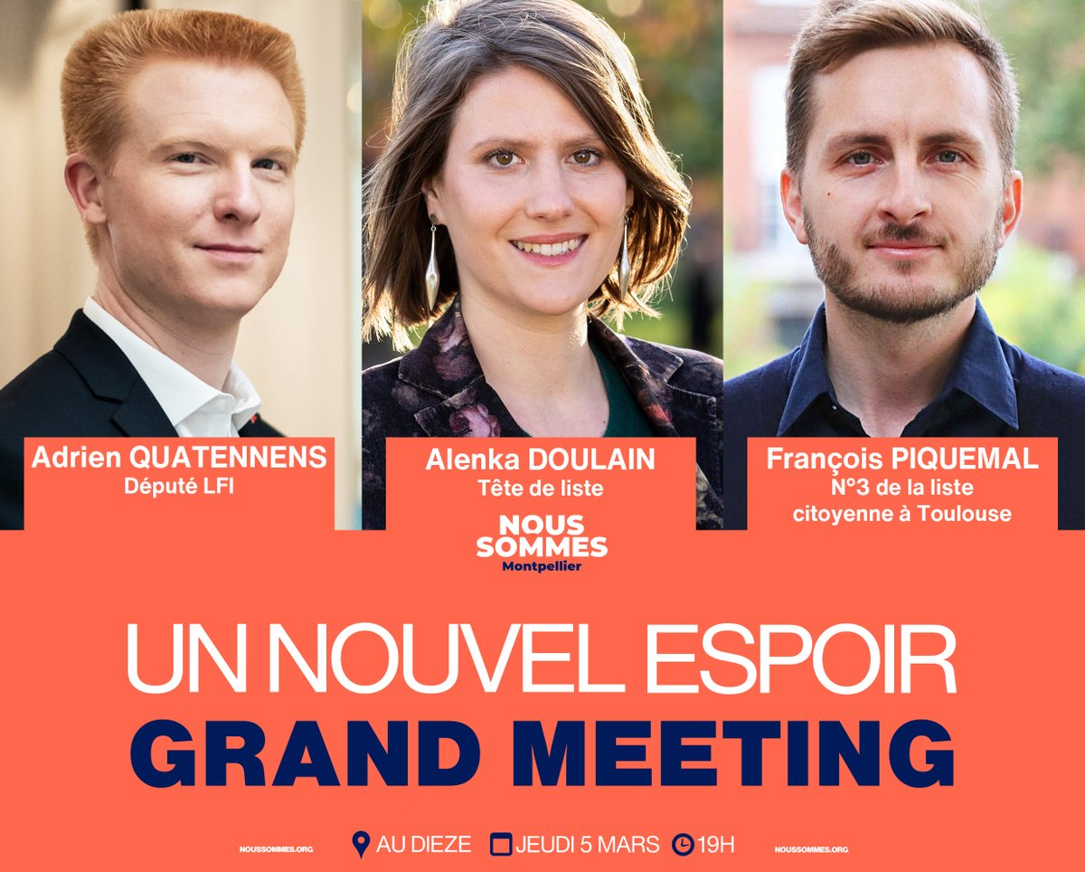 CauseCommuneMtp's tweet photo. Venez rencontrer les colistiers de la liste #NousSommes et @AlenkaDoulain que le mouvement a choisi comme tête de liste au Grand meeting : Un nouvel espoir ! ce jeudi 5 mars à 19h ! 

➡ https://t.co/3wZXl5PrQ6 #Montpellier #Municipales2020 https://t.co/oJV761R461