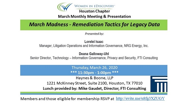 KhrysMcKinney's tweet photo. Spring cleaning your data?  It's enough to drive you mad!  Join WiE Houston for March Madness as we explore a case study on the remediation of legacy data - tactics for handling information pre and post legal hold that has been retained beyond a business’ requirement to do so. https://t.co/PGb9sK0AaW