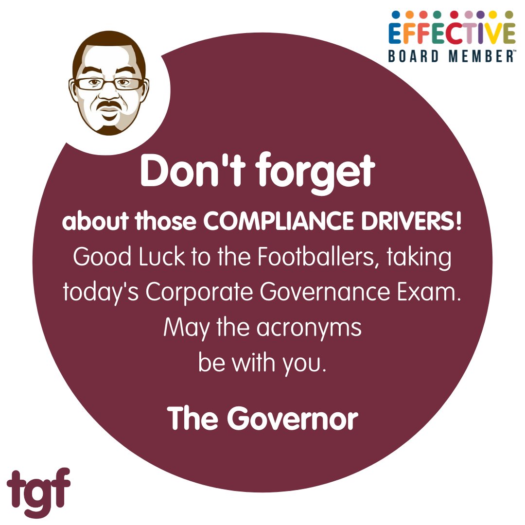 TheGovForum's tweet photo. Message from The Governor: Don't forget about those COMPLIANCE DRIVERS! Good Luck to the Footballers taking today's Corporate #Governance Exam at the @England National Team's home. May the acronyms be with you. 
Apply Now for Lead The Board in May 2020: https://t.co/ilRs2SA73X https://t.co/9C5unIALeH