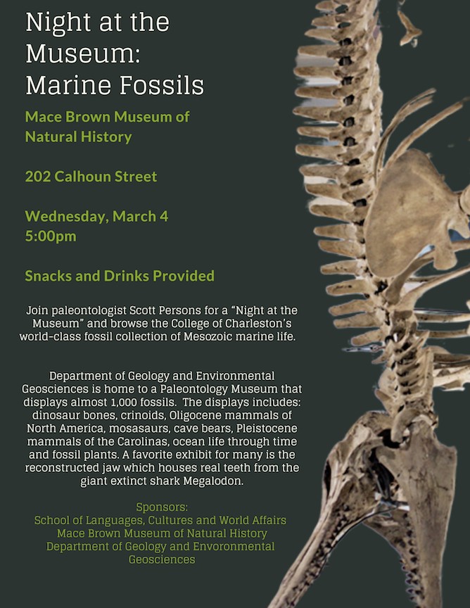 LCWA_CofC's tweet photo. LCWA World Affairs Signature Series “Sea Life” and the Mace Brown Museum of Natural History invite you to: Night at the Museum with presentation by paleontologist Scott Persons   
TODAY at 5:00pm https://t.co/2vgyKY7elL