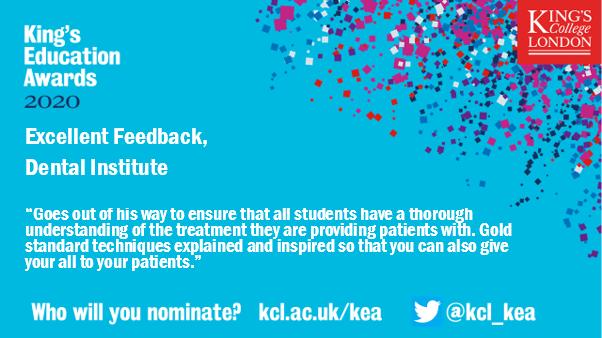 KCL_KEA's tweet photo. Read what one student had to say about their Dentistry teacher in the category of #ExcellentFeedback ! What a wonderful impression to leave on someone :) #EducationAwards #KCL https://t.co/qWbTfmBlC6