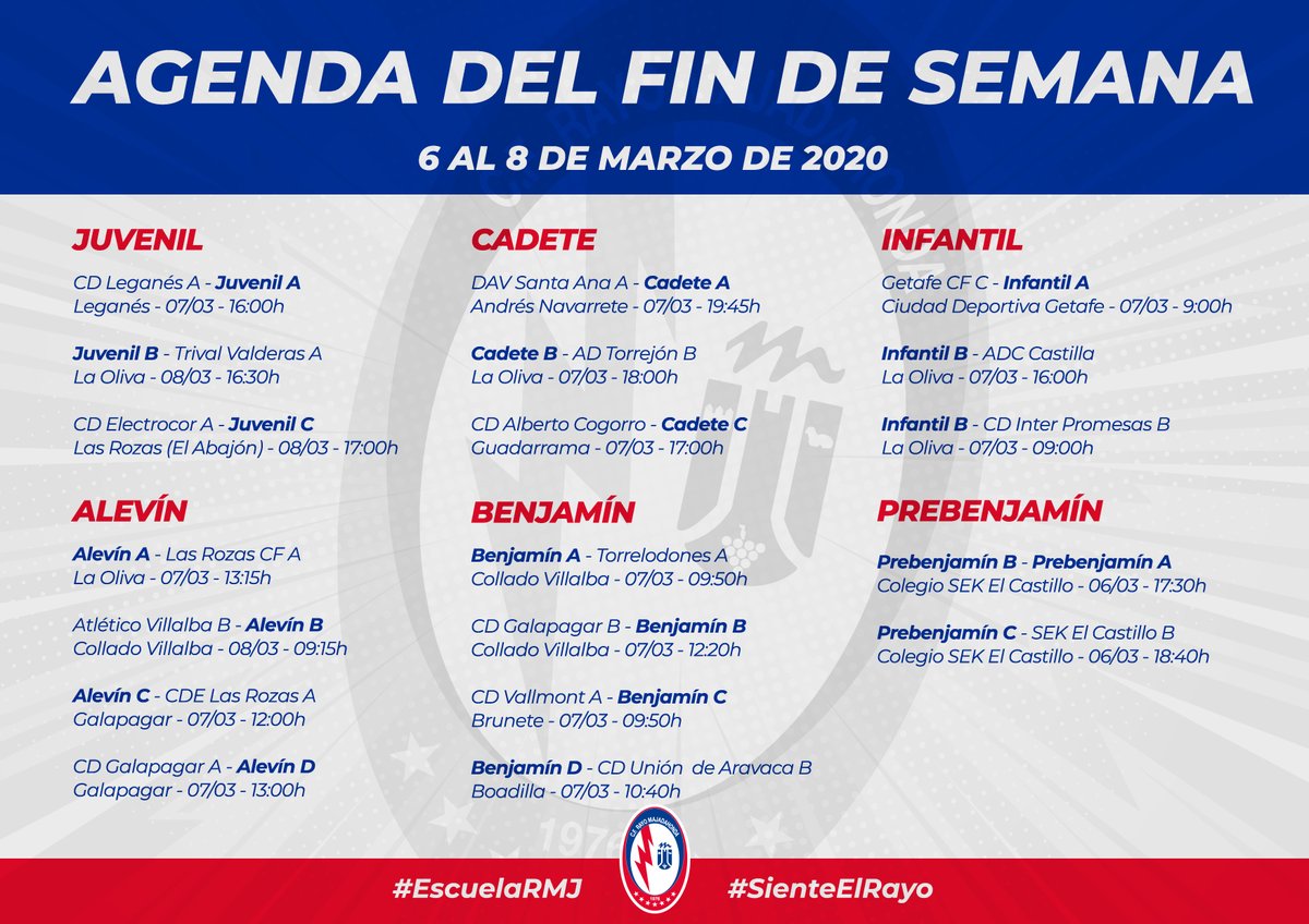 RMajadahonda's tweet photo. 👦⚽ Comienza un fin de semana cargado de auténticos partidazos para nuestra cantera.

🙌 ¡A por ello, chicos!

🔗 https://t.co/do2OW6HEDM

#EscuelaRMJ
#SienteElRayo⚡ https://t.co/ylcDtODBvH