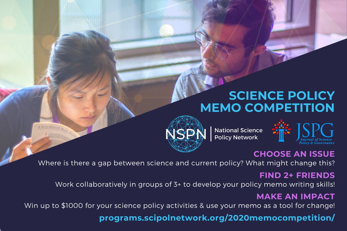 SciPolJournal's tweet image. Want to practice concise #SciencePolicy writing?✍️🏾

Enter our policy memo competition with @SciPolNetwork! Groups of 3 or more can write a memo for a chance to win up to $1000! Deadline to submit is April 1.⏰

Full details here: programs.scipolnetwork.org/2020memocompet…

#SciPol #SciPalsPublish🤝